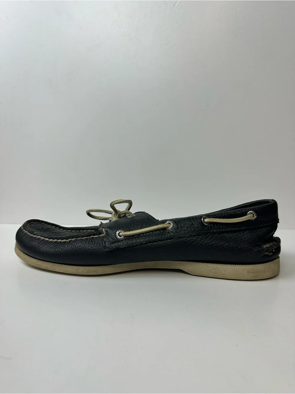 Sperry Men's Navy Blue Leather Boat Shoes with Cream Laces